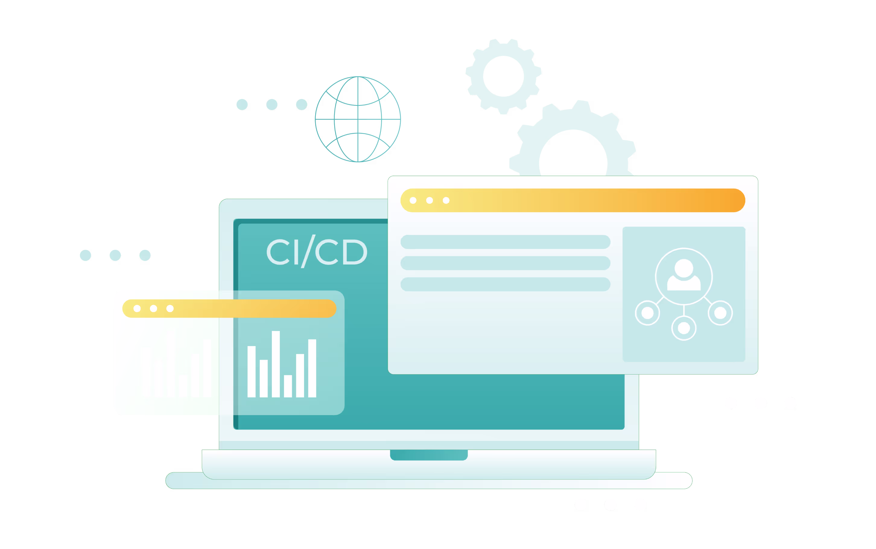 CI/CD Illustration with data and cogs showing operation and tracking functions